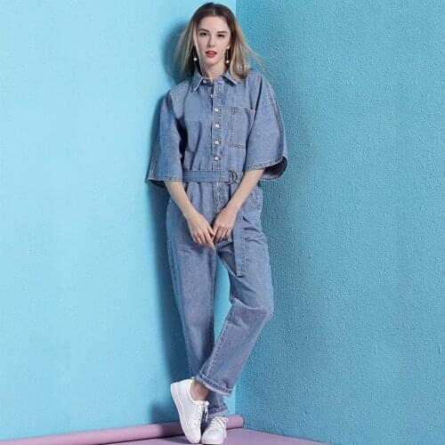 Casual single-breasted belt denim jumpsuit half sleeve jumpsuit women ladies jumpsuits rompers womens jumpsuit denim NW19B6009