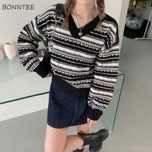 Pullovers Women V-neck Long Sleeve Patchwork Korean Preppy Style Retro Trendy High Street Loose Slim Soft Elastic Students Chic