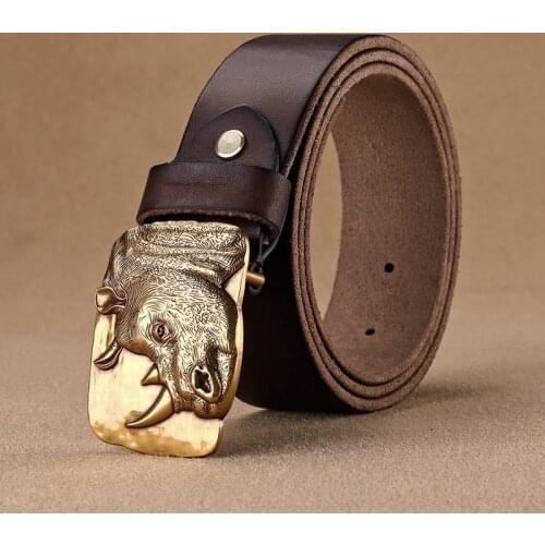 High Quality Unique Designer Mens Rhino Head Pattern Brass Smooth Belts Scale Cowskin Leather Casual Belts Men For jeans