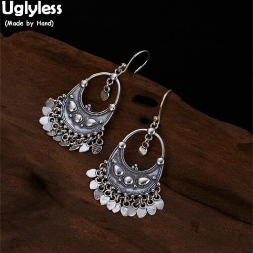 Uglyless Vintage Ethnic Thai Silver Fine Jewelry Women 100% Real Solid 925 Silver Flakes Tassel Earrings Bohemia Exotic Earrings