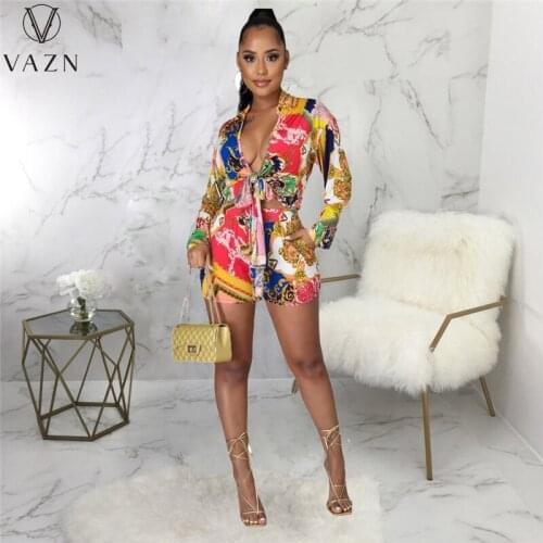 VAZN 2021 Print Summer Modern V-Neck Full Sleeve Elegant Street Clothing Suits 2 Piece Set Women Top And Pant