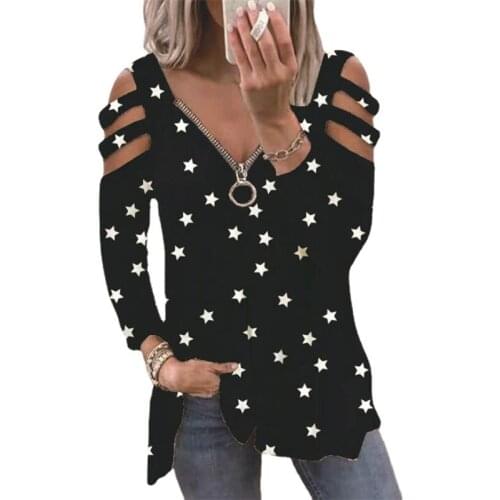 Women Casual Zipper V Neck Loose T Shirt Plus Size Hollow Out Long Sleeve Elegant Pullover Tops