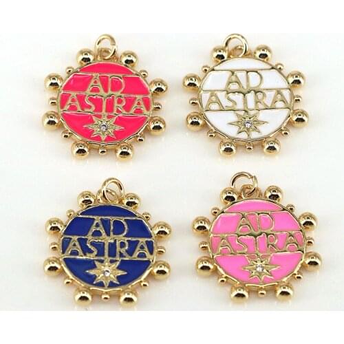 10Pcs,CZ Micro Pave Star and Word On Colorful Enamel Round Shape Pendant,Gold Filled Enamel Charm, Necklace Bracelet Charm