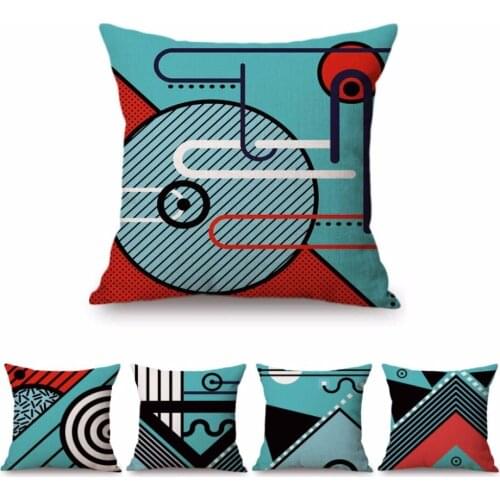 18" Nordic Blue Abstract Geometric Memphis Design Pattern Home Decorative Pillow For Living Room Cotton Linen Cushion Cover Case