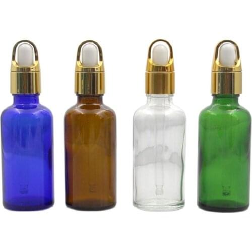 50ml Dropper Bottle High Quality Glass Refillable Bottle Essential Oil Bottle Gold Cap White Rubber Head Cosmetic Containers Jar
