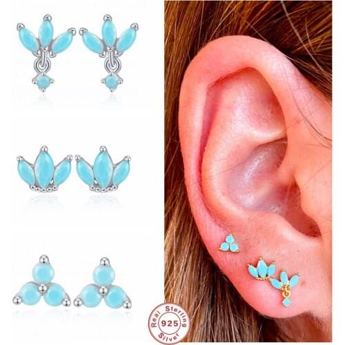 GS 925 Sterling Silver Turquoise Crown Stud Earrings For Women Bohemian Tiny Blue Zircon Second Hole Ear Studs Jewelry Set