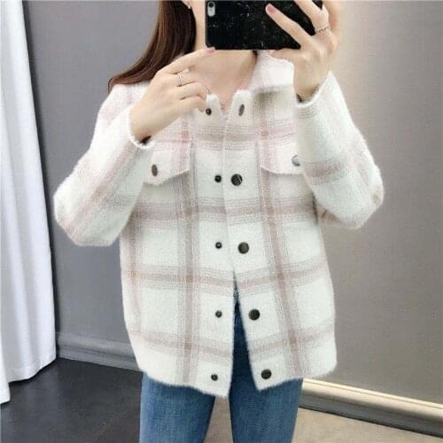 Basic Women Jackets Lapel Collar Casual Style Office Ladies Outwear Loose Plaid Coat Female Long Sleeve Cloth