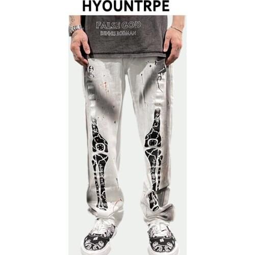 Fashion Skull Graffiti Denim Jeans Mens High Street Casual Loose Straight Zipper Joggers Hip Hop Streetwear Pants Men Clothing