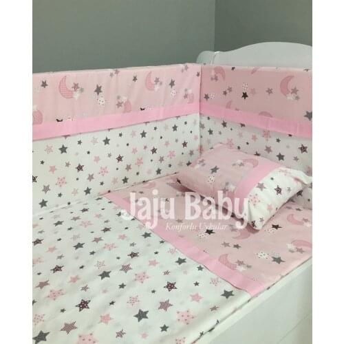 Jaju Baby Handmade, Pink Moon and Star Baby Duvet Cover Set and Edge Protection, Baby Bed Linen, Baby Bed Sheet, Baby Barrier