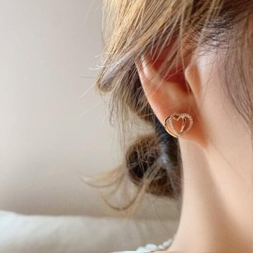 Korean New Design Fashion Jewelry Exquisite Copper Inlay Zircon Double Love Girl Cute Earrings