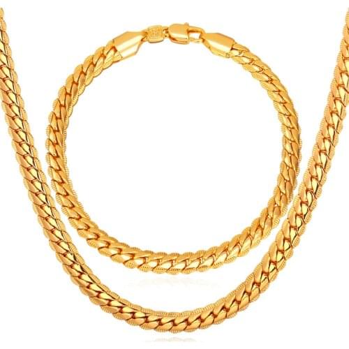 Kpop Necklaces Bracelets Set For Men Gold Color High Quality 5MM 55CM 21CM' Figaro Necklace Man Chains S739
