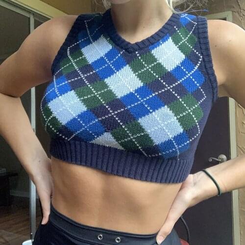 Summer Wild Casual Sleeveless Knitted Vest V-Neck Solid Color/Plaid Slim Vintage Fashion Fitting Stretch Cropped Tank Tops