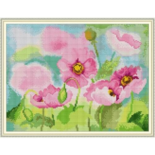 Joy Sunday Poppy Flower Cross Stitch Kit 14CT 11CT Canvas Printing DIY Floral Pattern Embroidery Kit Home Decoration Painting