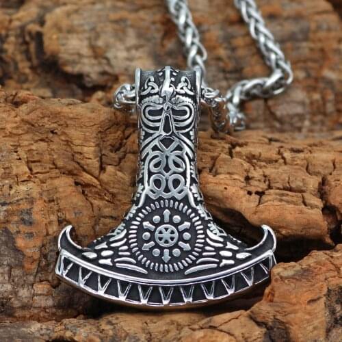 Nordic Stainless Steel Mjolnir Odin Face Viking Necklace With Valknut Gift Bag