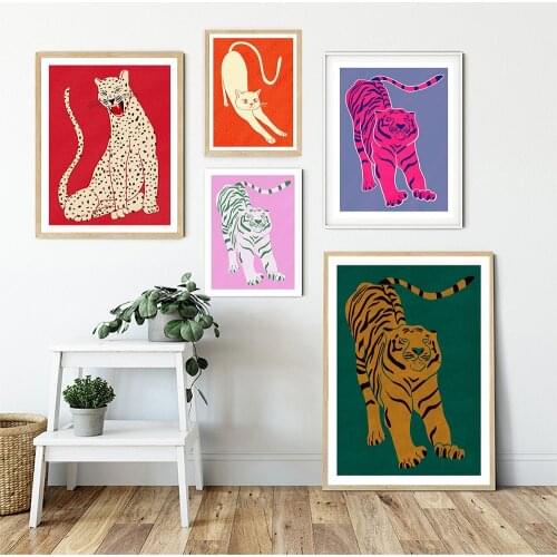 Nordic Abstract Animal Poster Red Pink Green Tiger Doesnt Lose Sleep Canvas Painting Wall Art Prints Picture Bed Room Home Decor