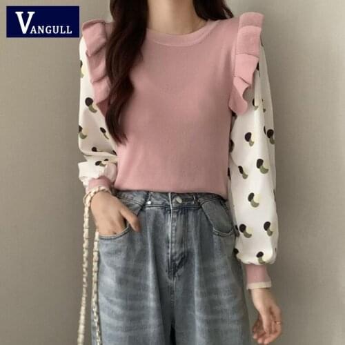 Vangull Casual Patchwork Knitted Pullovers Women Autumn New O-Neck Short Slim Female Pullover Sweater Long Sleeve Ladies Jumpers