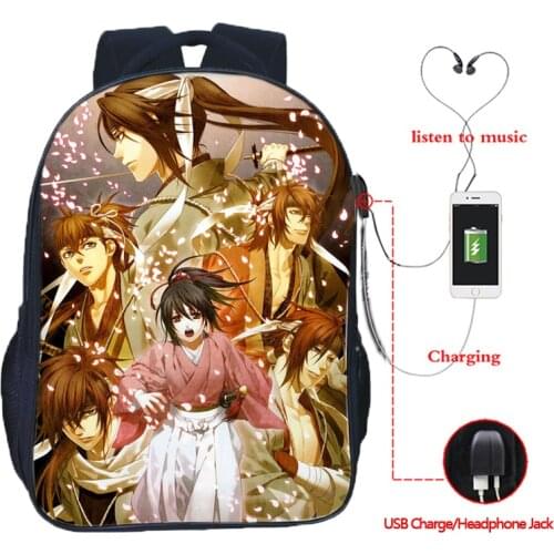 Hakuouki Shinsengumi Kitan Backpack Boys Girls School Bags Book Rucksack Anime Bagpack USB Charging Travel Knapsack Schoolbags