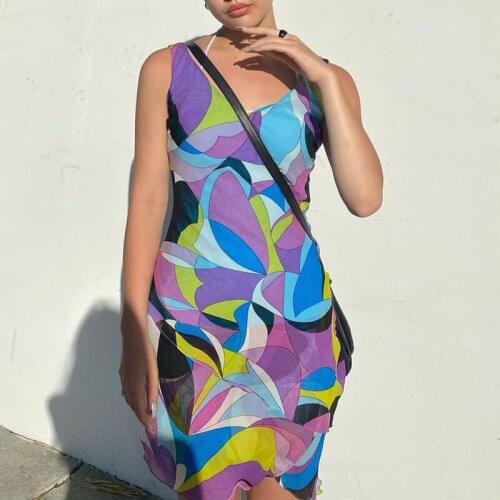 Mesh Graphics Print Dress Casual Fahion Bodycon Sleeveless Dresses Spaghetti Strap Elegant Vintage Sexy Party V Neck Women Dress