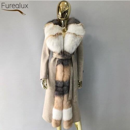 FUREALUX Wool Overcoat Mid-Length Fox Fur Collar Woolen Coat 2021 New High-End Double-Faced Woolen Clothes Warm Temperent Style