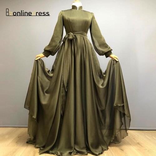 A Line Evening Dresses High Collar Formal Gown Arab Dubai Muslim Long Sleeves Moroccan Pleated Prom Dress Bow Tie Party Dress