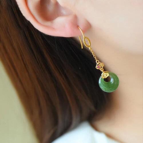 Xiangyun Natural Hetian Jade Green Jade Safety Buckle Earrings Fairy Long Sterling Silver Gilding Xiangyun Vintage Earrings