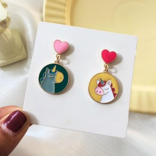 Sweet Cute Contrast Unicorn Asymmetry Earrings For Women S925 Needle Fashion Jewelry Simple Elegant Heart Animal Drop Ears