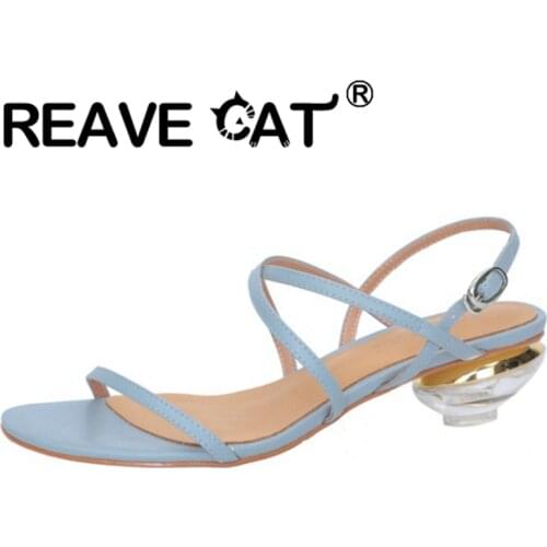 REAVE CAT 2021 New Summer Sandals Open Toe 4cm High Crystal Strange Heels Ankle-Wrap Slingbacks Narrow Band Ladies Shoes Purple