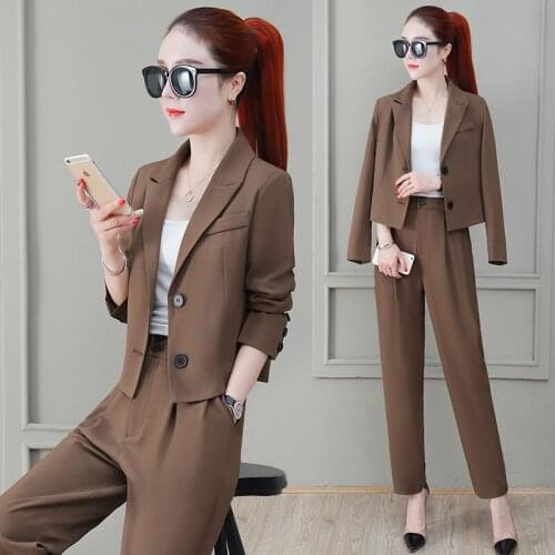 Womens suits 2019 new autumn single-breasted short section western decoration loose trousers temperament wild womens two-piece