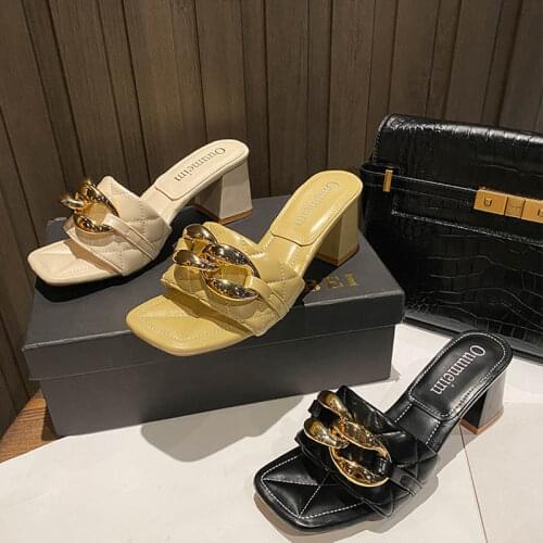 Fashion Slippers Womens 2021 Summer New Sandals And Slippers Wild Metal Thick Heel High Heel Sandals And Slippers