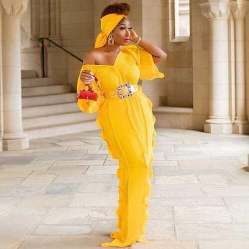 African Women Long Dress Sexy V-neck Pleated Ruffled With Belt Scarf Femme Loose Party Maxi Dresses Irregular Robe Chic Vestidos