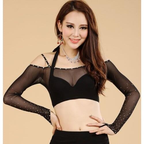 New Women Belly Dance Long Sleeves Stretchy Mesh Top Transparent BellyDance Bodysuit Bottoming Shirt Diamond Top Cover Leotards