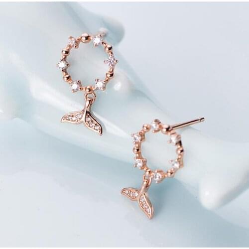 1pair Real. 925 Sterling Silver jewelry Zirconia mermaid & lucky circle crystals dangle earrings Womens GTLE2683
