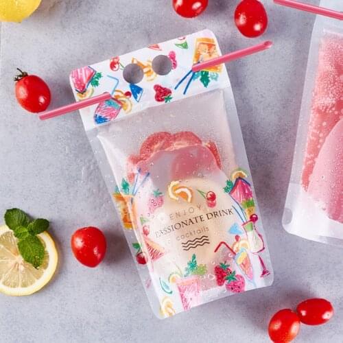 2000pcs/lot Fruit pattern Plastic Drink Packaging Bag for Beverage Juice Milk Coffee with Handle and Holes for Straw