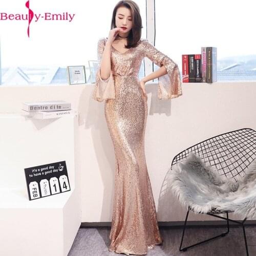 2020 Charming V Neck Long Flare Sleeve Evening Dress Long Heavy Sequined Zipper Back Silver Formal Party Dress with Sweep Train