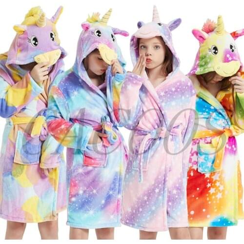 2021 Kigurumi Unicorn Hooded Children Bathrobes Kids Rainbow Bath Robes For Boys Girls Pyjamas Nightgown Winter Kids Sleepwear