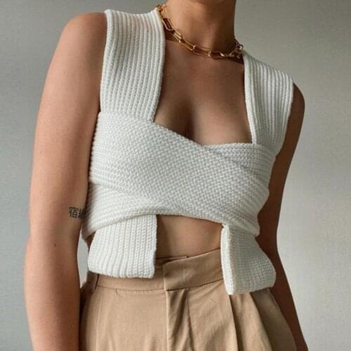 2021 Fall Winter Knitted White Crop Tops Sweaters Sleeveless Pullovers Female Bandage Sweater Solid Chic Fashion Top Women