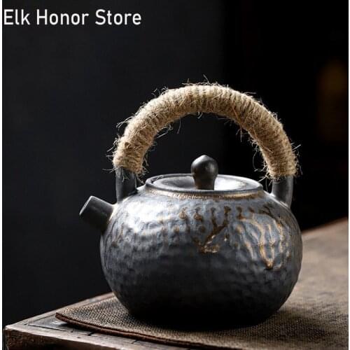 450ml Japanese Style Coarse Ceramic Teapot Large Capacity Gilding Rust Glaze Household Teakettle Kung Fu Tea Loop-handled Teapot