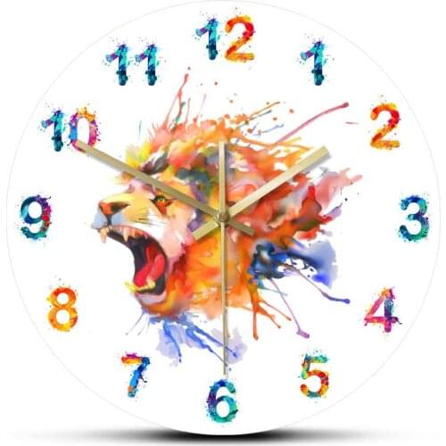 Watercolor Roaring Lion with Colorful Numbers Printed Acrylic Wall Hanging Clock Animal Design Painting Art Wall Decor Watch