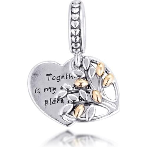 DIY Fits for Pandora Charms Bracelets Two-Tone Family Tree Heart Beads 100% 925 Sterling-Silver-Jewelry Free Shipping