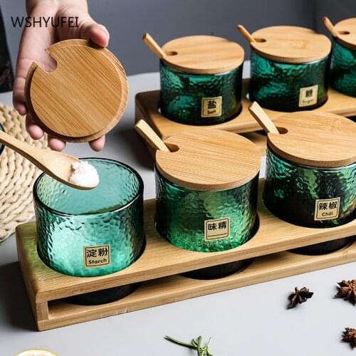 Household kitchen glass seasoning box bamboo lid seasoning bottle seasoning salt sugar bowl moisture-proof seasoning pot set