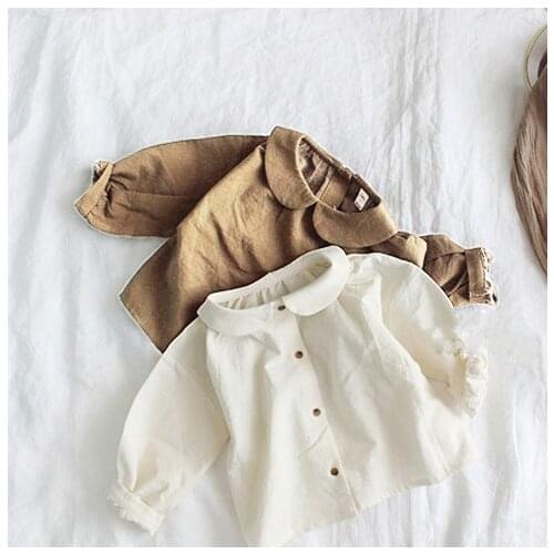 2019 Korean childrens wear spring and autumn girls cute little literary style wrinkled doll collar tied shirt