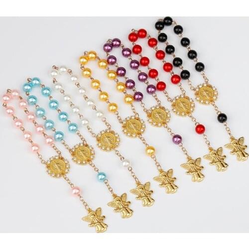 Kids Religious Jewelry Catholic Holy Communion Rosary Bracelet Angel Pendants Baptism Christening Finger Rosaries Gift
