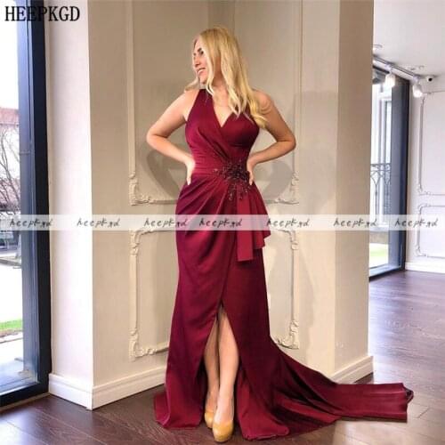 Plus Size Burgundy Long Evening Formal Dress Pleat Beads Elastic Satin Saudi Arabic Women Prom Gown Special Occasion Party Dress