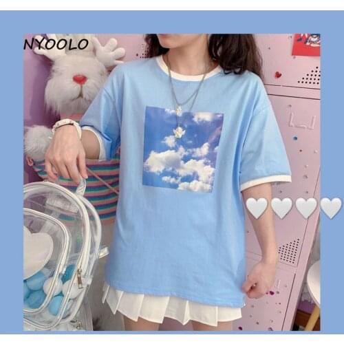 NYOOLO Harajuku style blue sky clouds print patchwork short sleeve t-shirt women Summer loose sweet girls O-neck tee shirt tops