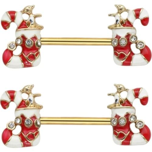 JHJT 2PCS Nipple Rings 14G 316L Surgical SS Gold Santas Boots Sexy Nipple Barbell Piercing Body Jewelry