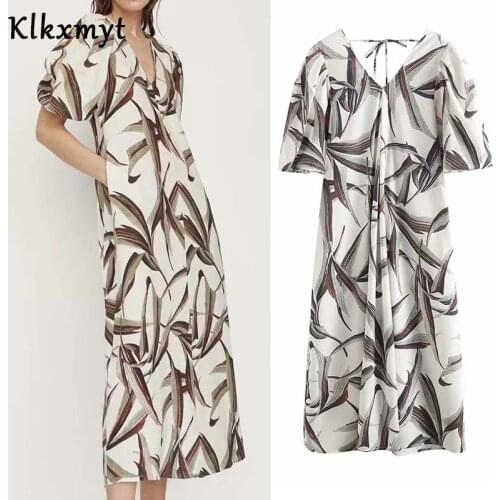Klkxmyt Za Dress Women 2021 Summer Vintage Short Sleeve Leaves Print Bow Lace Up Midi Dresses Casual Female Party Vestidos