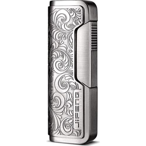 Creative gas inflatable lighter Carved flower Side press straight blue flame windproof cigarette lighter Cigar cutter Scissors