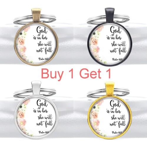 Buy 1 Get 1 Bible Verse God Is in Her , She Will Not Pall Glass Cabochon Key Chains Charm Men Women Key Rings Pendant Gifts
