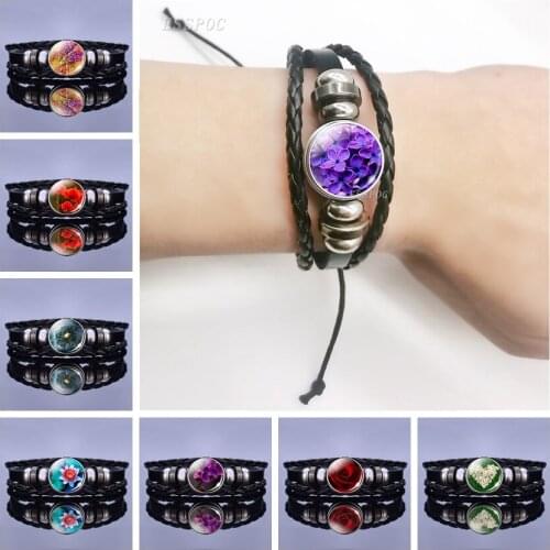 Fashion Simple Style Black Button Leather Bracelet Daisy Rose Sakura Glass Cabochon Jewelry Flowers Bangle Handmade Lovers Gift
