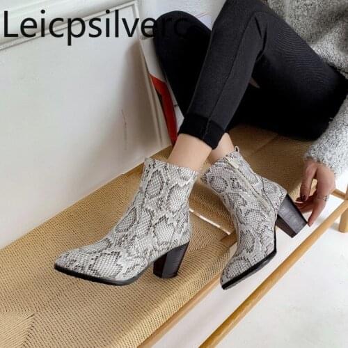 Autumn And Winter Short tube Pointed toe Snake Thick heel High heel Womens boots Martin Fashion Boots plus size 32-46 high 7cm